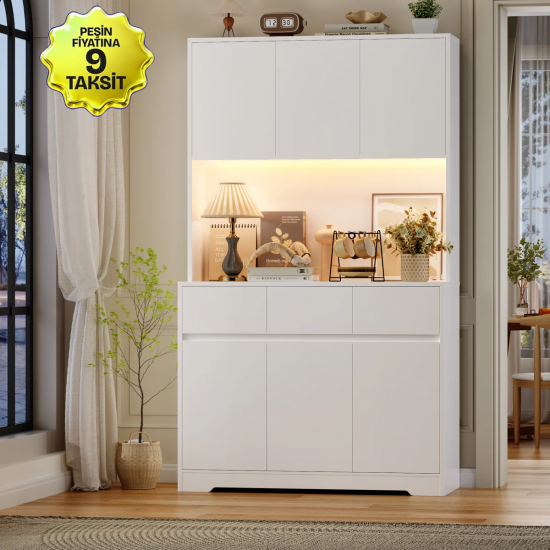 faween 86010 6 Kapaklı 3 Çekmeceli LED Işıklı Mutfak Dolabı Çok amaçlı Dolap Kahve Kösesi Beyaz
