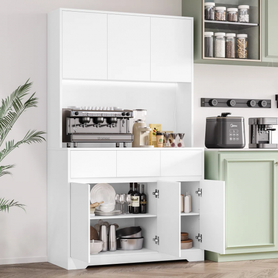 faween 86010 6 Kapaklı 3 Çekmeceli LED Işıklı Mutfak Dolabı Çok amaçlı Dolap Kahve Kösesi Beyaz