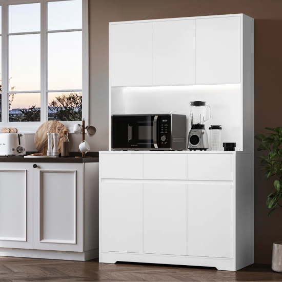 faween 86010 6 Kapaklı 3 Çekmeceli LED Işıklı Mutfak Dolabı Çok amaçlı Dolap Kahve Kösesi Beyaz