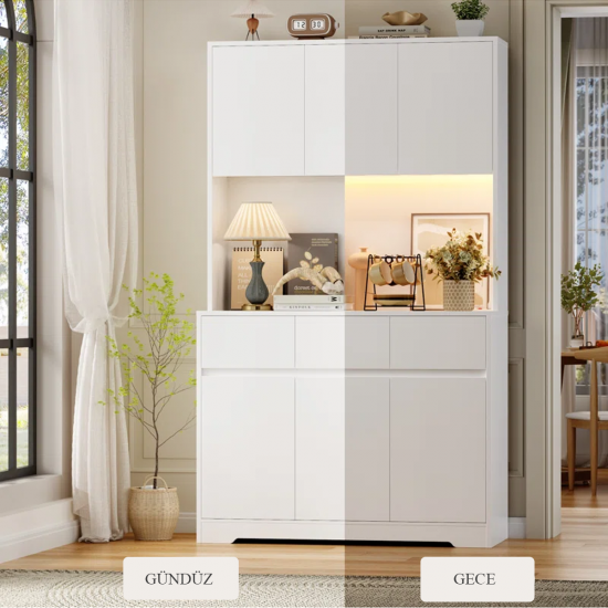 faween 86010 6 Kapaklı 3 Çekmeceli LED Işıklı Mutfak Dolabı Çok amaçlı Dolap Kahve Kösesi Beyaz