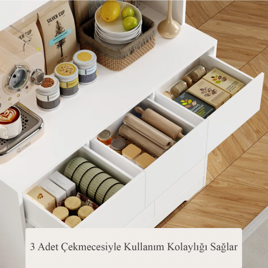 faween 86010 6 Kapaklı 3 Çekmeceli LED Işıklı Mutfak Dolabı Çok amaçlı Dolap Kahve Kösesi Beyaz