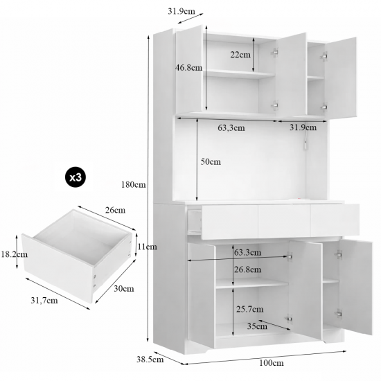 faween 86010 6 Kapaklı 3 Çekmeceli LED Işıklı Mutfak Dolabı Çok amaçlı Dolap Kahve Kösesi Beyaz